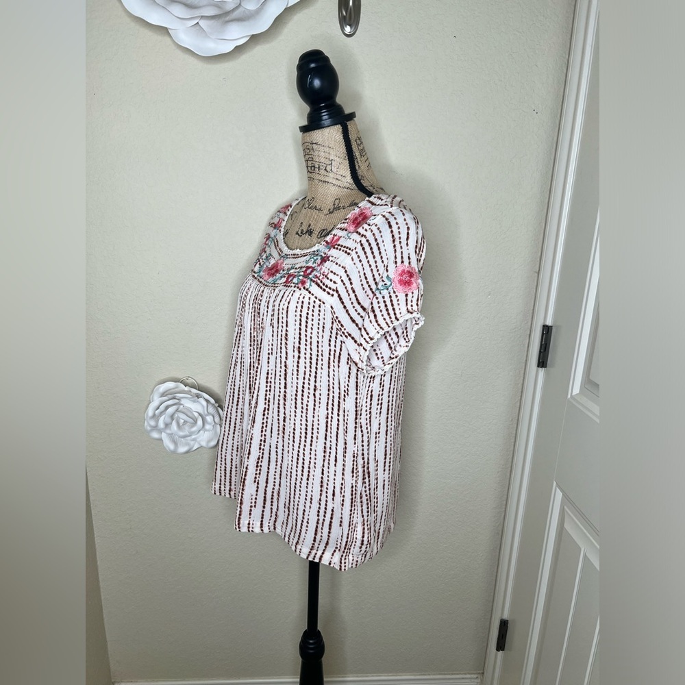 NTM: Savanna Jane Dot Striped Floral Embroidered Peasant Blouse Sz Large - Picture 8 of 15